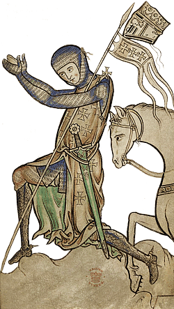 Original-Abbildung aus dem Westminster-Psalter (British Library, Royal Ms. 2 A XXII, f. 220). Gezeigt ist ein kniender Ritter mit seinem Pferd vor dem Aufbruch zum Kreuzzug. Sein Diener lehnt sich über den Burgturm und reicht dem Ritter seinen Helm (oben rechts).