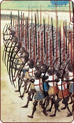 Ausschnitt aus einer zeitgenössischen Darstellung der Schlacht von Azincourt "Chevaliers et bombardes - D'Azincourt à Marignan" (Enguerrand de Monstrelet, 1415-1515)