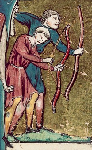 Abbildungen von Recurve-Bögen, "Lives of the Saints", 1225 - 1250 (Royal 20 D VI f. 48v)