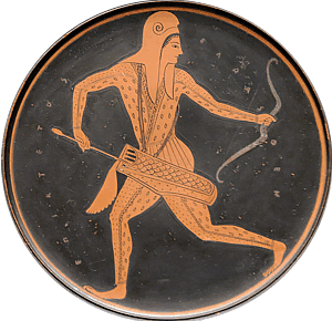 Skythischer Bogenschütze auf dem Deckel einer griechischer Vase, ca. 520–500 v. Chr.