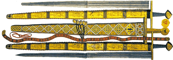 Das Reichsschwert von beiden Seiten, in der Mitte das Zeremonienschwert, kolorierter Kupferstich von Johann Adam Delsenbach aus dem Jahre 1751