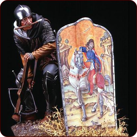 Modell eines mittelalterlichen Armbrustschützen mit Pavise-Schild. Es ist mit Bartolomeo Vivarinis "Hl. Martin und der Bettler" geschmückt
