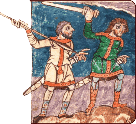 Zwei mit Schwertern bewaffnete Krieger, Detail einer Illustration aus dem Stuttgarter Psalter (fol. 7v), datiert ca. 830 n. Chr.