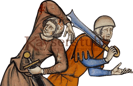 Infanterie-Soldat, Eisenhut mit hochmittelalterlichem Falchion aus der Kreuzfahrer- bzw. Morgan-oder Maciejowski-Bibel (MS M.638, fol. 14v)