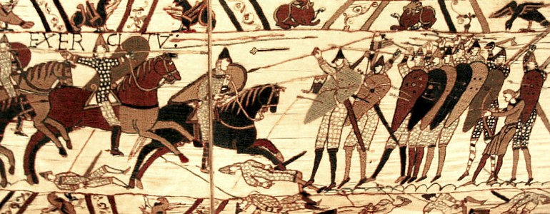 Angelsächsischer Schildwall zur Abwehr der normannischen Reiterei in der Schlacht bei Hastings (Darstellung auf dem Teppich von Bayeux)