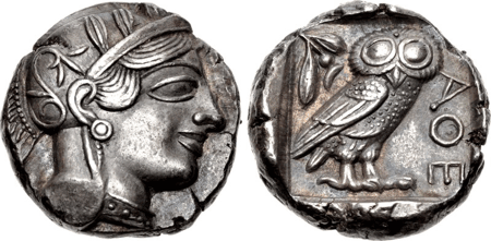 Tetradrachme Vorder- und Rückseite, Athen 454-404 vor Christus