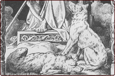 Die Wölfe Geri und Freki zu Füßen Odins (1888)
