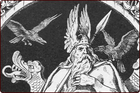 Odin auf einem Thron, seinen Speer in Händen, flankiert von den Raben Hugin und Munin, Holzschnitt von Johannes Gehrts (1883)