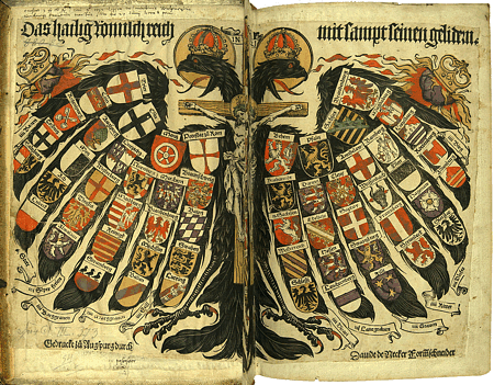 Quaternionenadler, nimbierter Doppeladler, die Flügel mit den Reichsständen belegt, als Symbol des Reiches. Holzschnitt von 1510